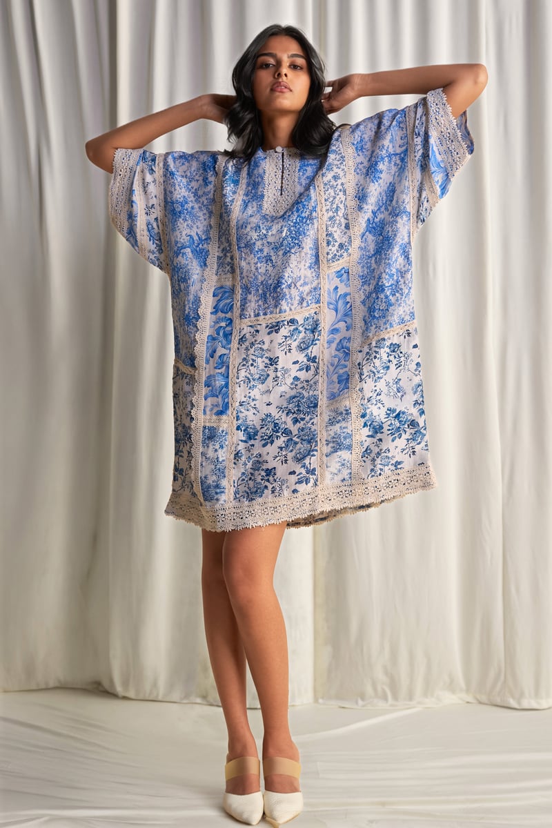 Blue and White Porcelain Print Patchwork Mini Dress
