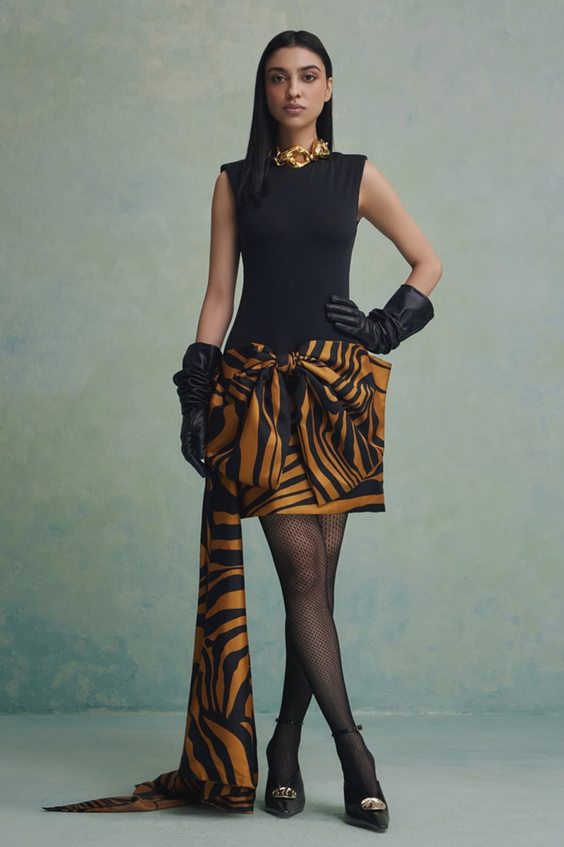 Black and Yellow Animal Print Draped Mini Dress
