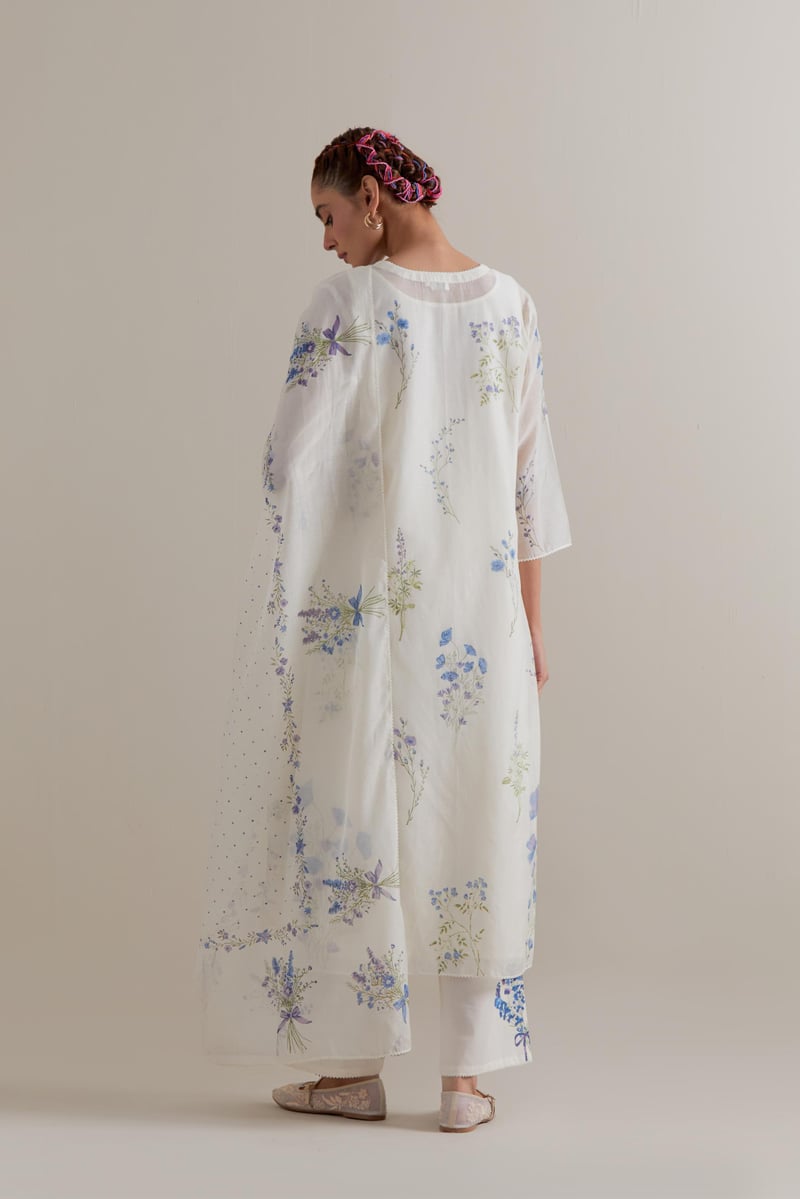 Off-White Floral Block Print Cotton Chanderi Kurta Set