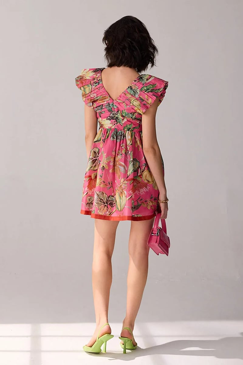 Pink Printed Fit and Flare Mini Dress with Ruffle Shoulders