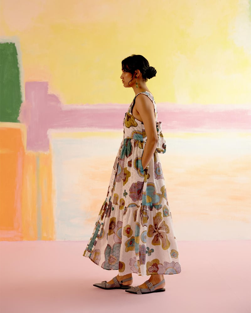 Multicolor Printed Cotton Poplin Tie-Back Tiered Maxi Dress