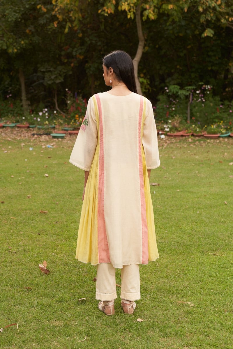 Beige A-Line Embroidered Kurta Set With Organza Dupatta