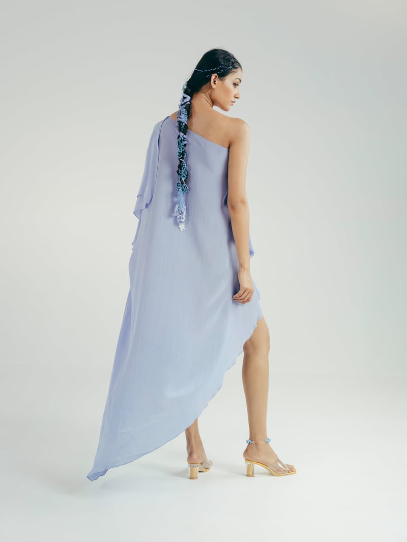 Blue One-Shoulder Kaftan Dress with 3D Floral Embroidery