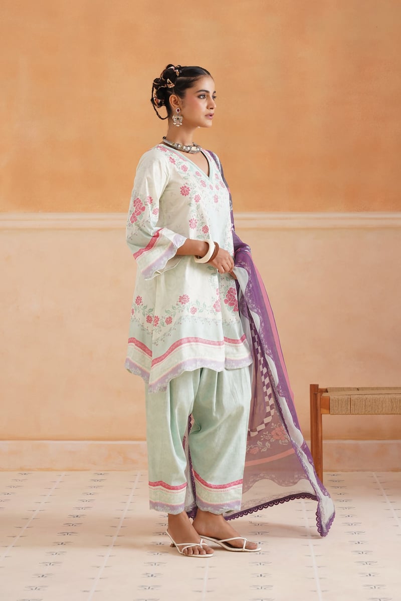 Mint Floral Printed Lawn Cotton 3-Piece Kurta Set