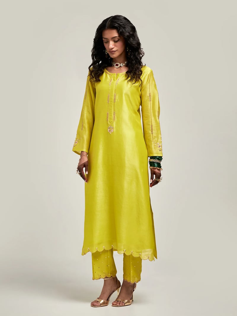 Lime Silk Chanderi Embroidered Straight Kurta