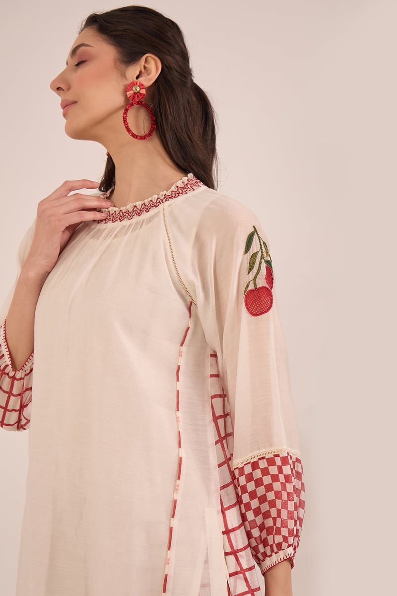Ivory Kurta Set with Red Checks and Embroidered Neck