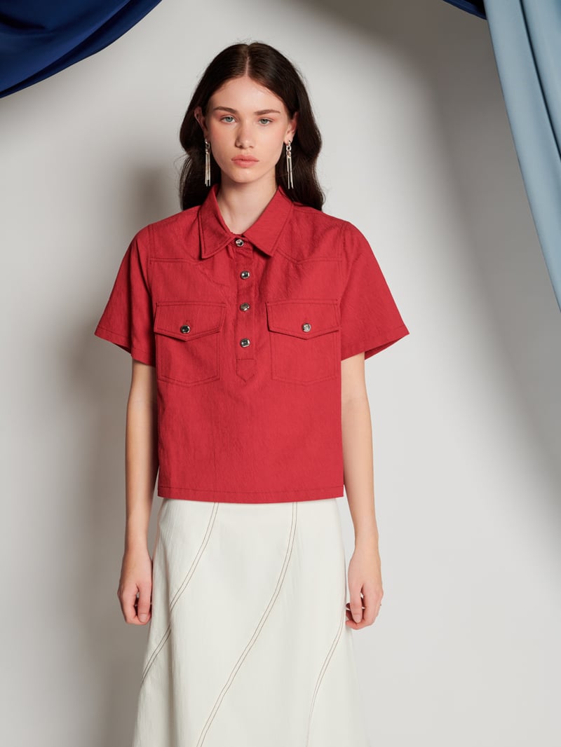 Red Textured Cotton Boxy Utility Shirt