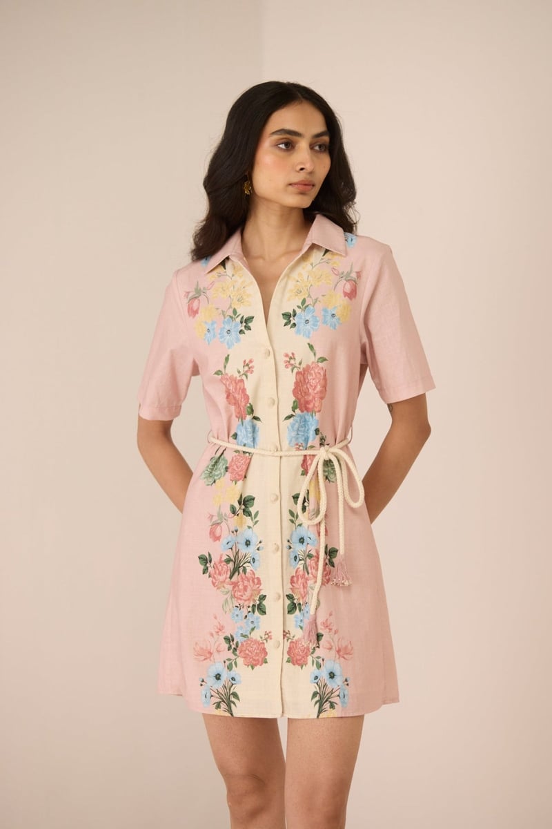 Blush Botanical Floral Button-Down Mini Shirt Dress with Belt — Calling June