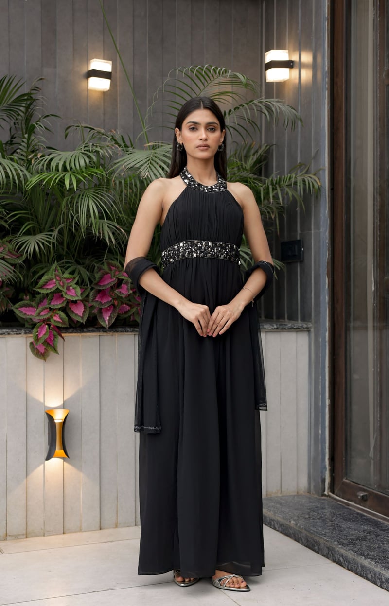 Black Halter Neck Embellished Maxi Gown