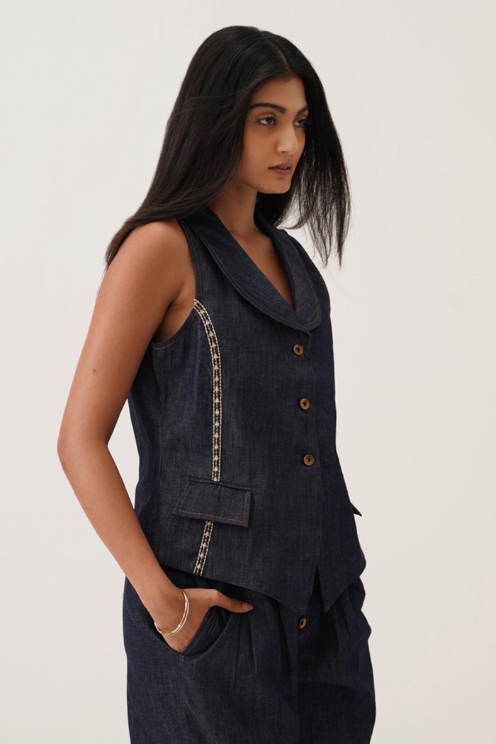 Denim Blue Waistcoat and High-Waist Pants Co-ord Set