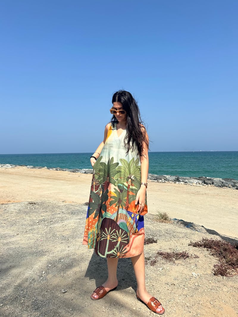 Sage Green Printed Cotton A-Line Midi Dress with Pockets