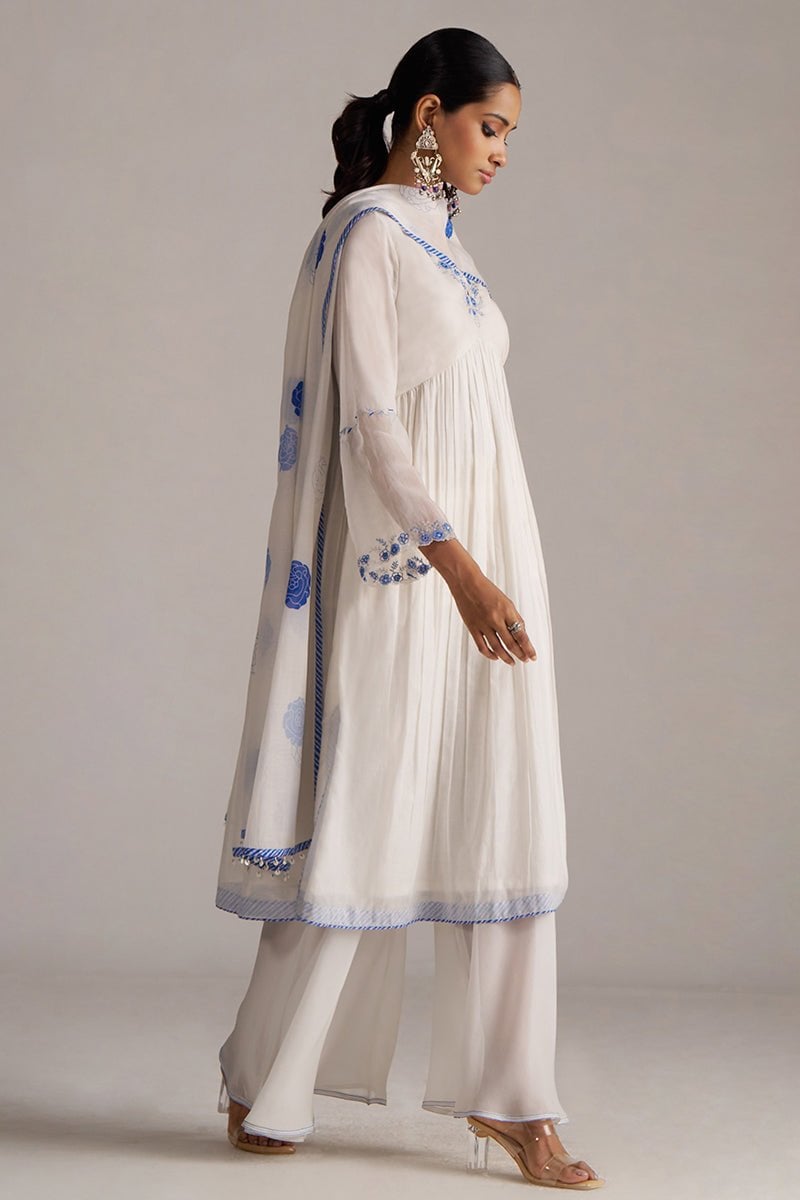 Marshmellow and Cobalt Blue A-Line Chanderi Kurta Set