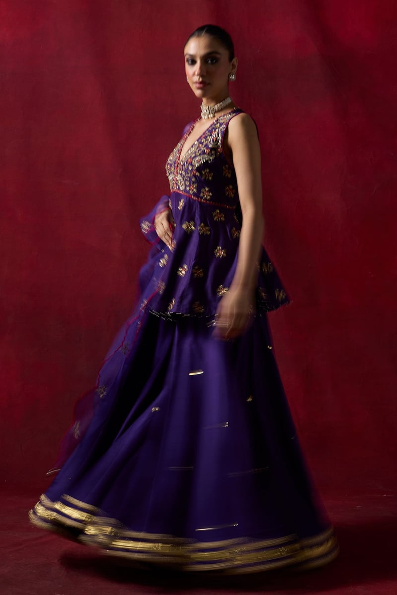 Purple Silk Chanderi Peplum and Sharara Co-ord Set