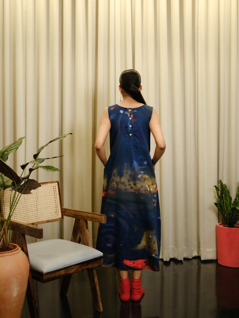 Blue Abstract Printed Cotton Satin Midi Shift Dress