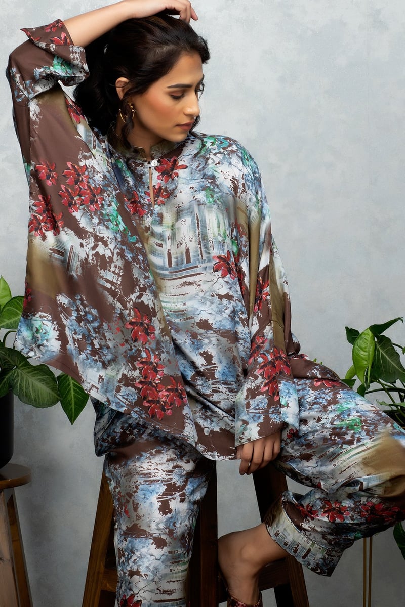 Beige Brown Silk Printed Kaftan Top and Pants Co-ord Set