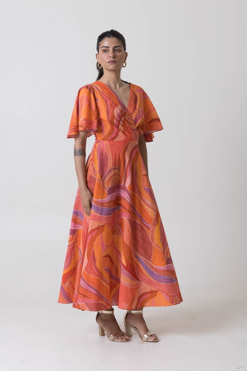 Orange Multicolor Abstract Print Fit and Flare Midi Dress