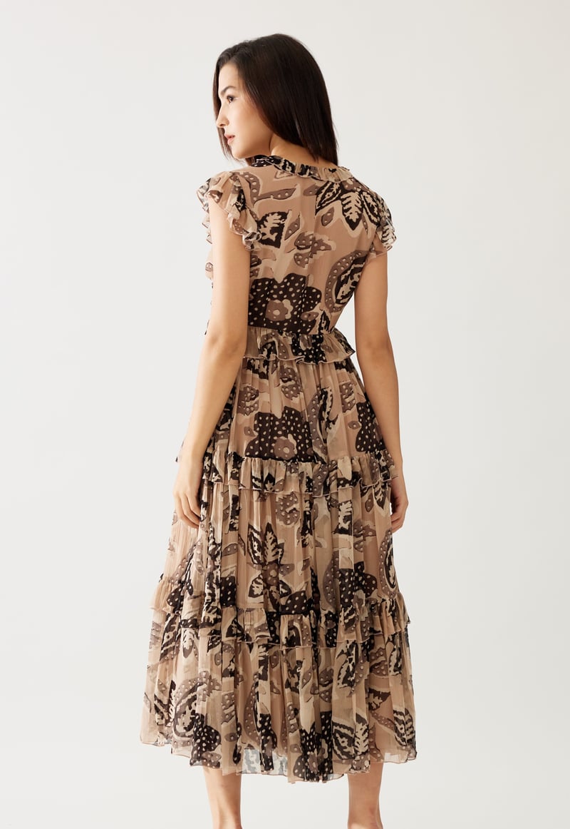 Cream And Dark Brown Floral Midi Dress