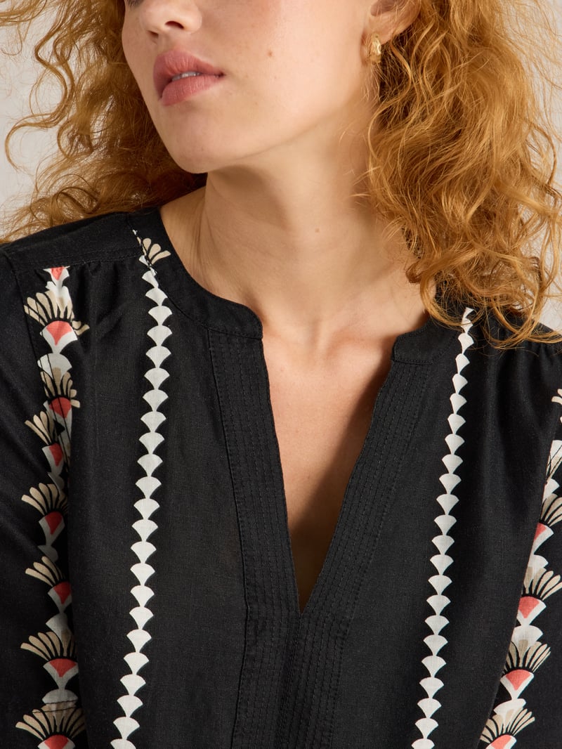 Black Printed Linen Shift Mini Dress