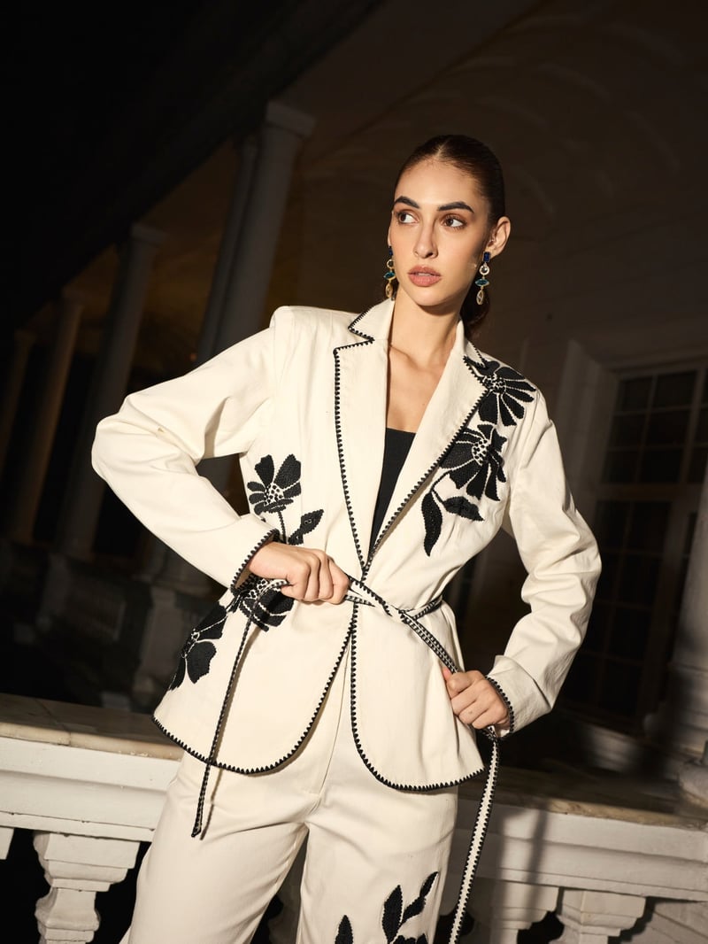 White Belted Embroidered Tailored Blazer