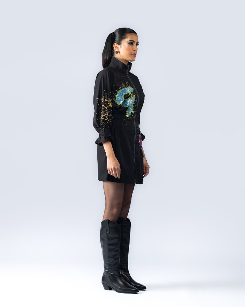 Black Zip-Front High Neck Graphic Mini Dress
