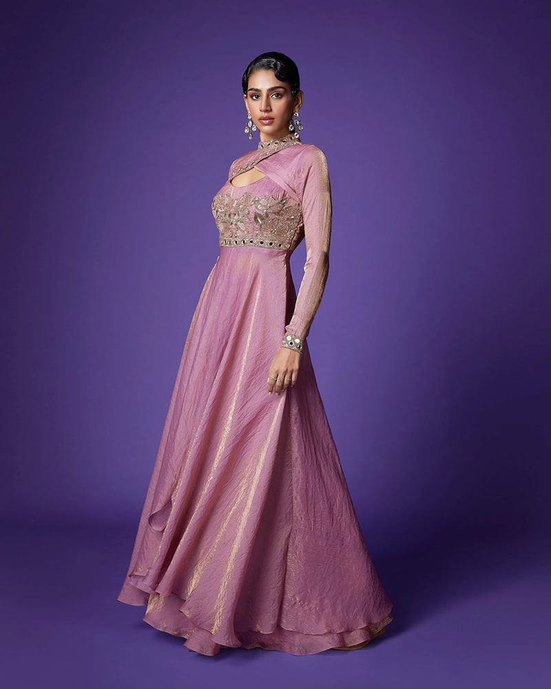 Blush Pink Shimmer Embellished High-Neck Maxi Gown