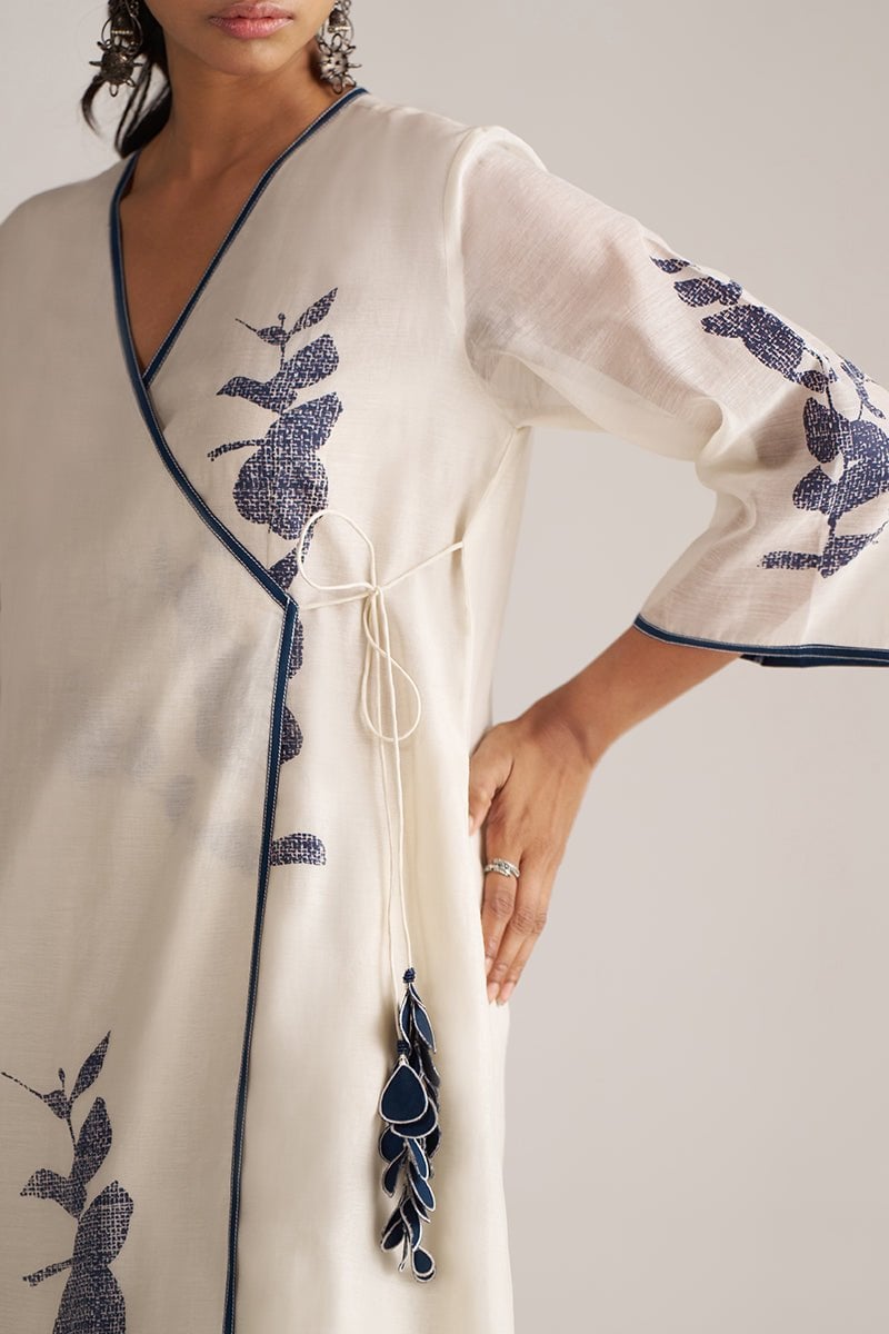 Ivory and Navy Printed Angrakha Chanderi Kurta Set
