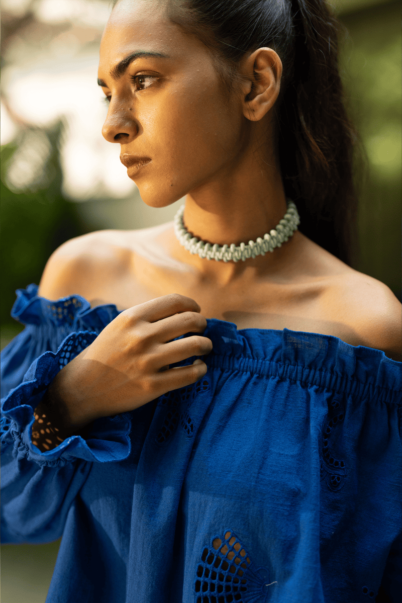 Blue Off-Shoulder Cotton Slub Schiffli Blouse Top — BEACHBUM