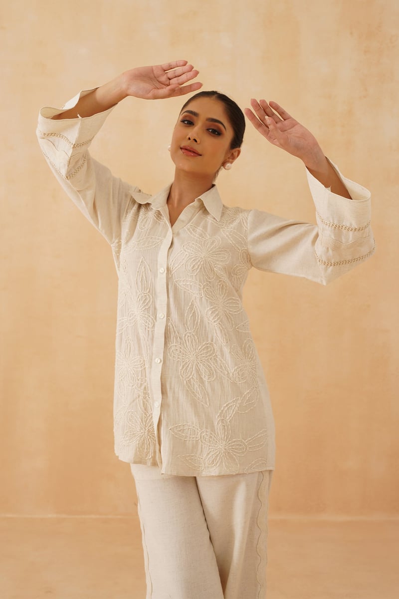 Cream Hand-Embroidered Cotton Co-ord Set