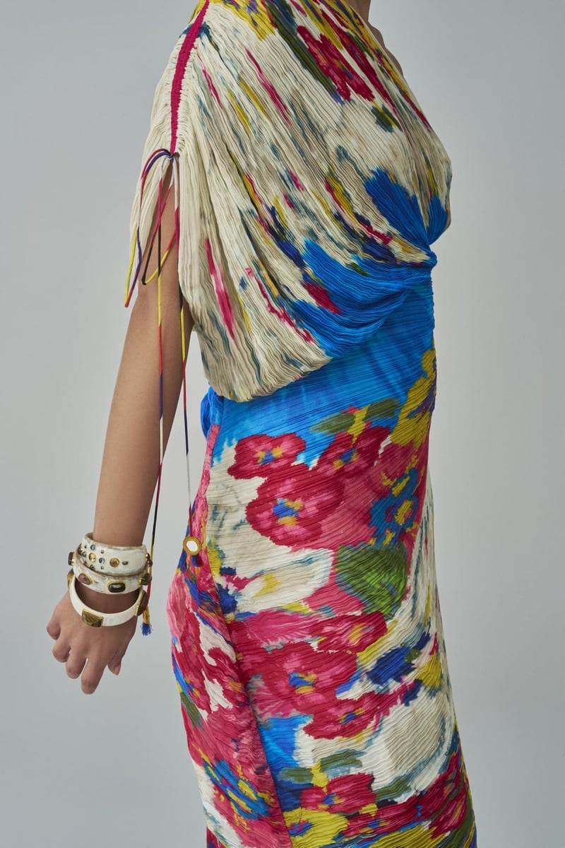 Ivory/Multi One-Shoulder Micro-Pleated Floral Midi Dress
