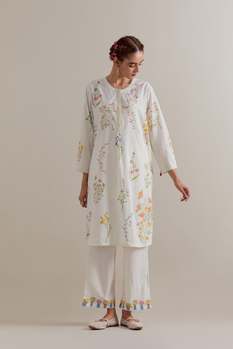 Off-White Floral Block Print Straight Kurta Set