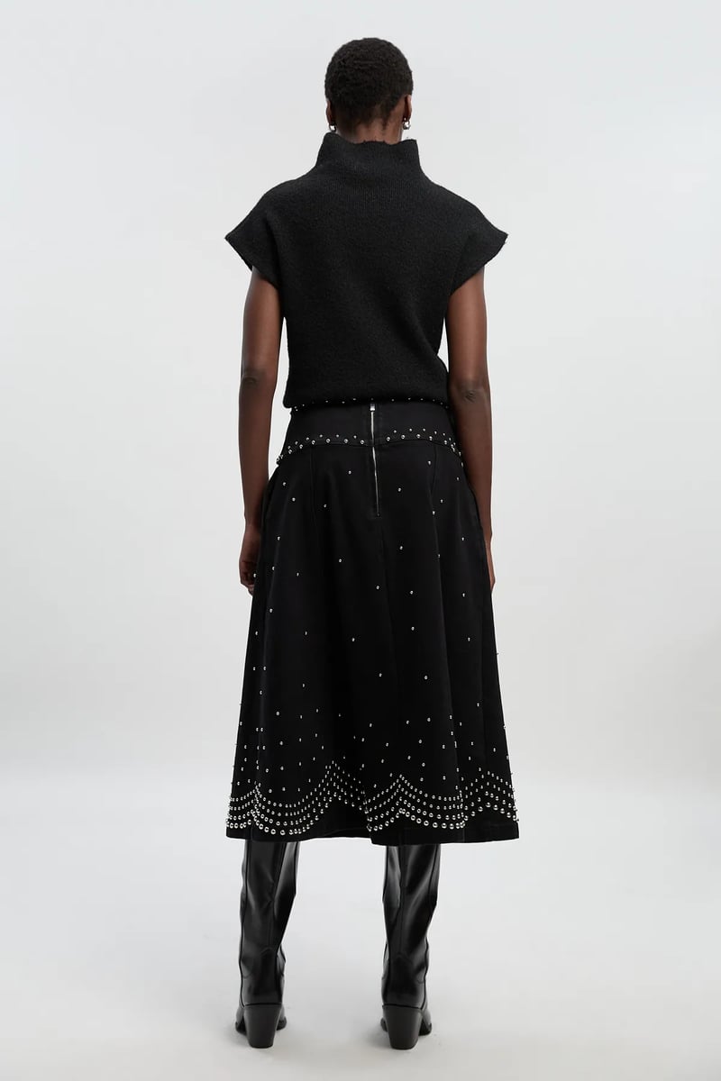 Black Stud-Embellished A-Line Midi Skirt