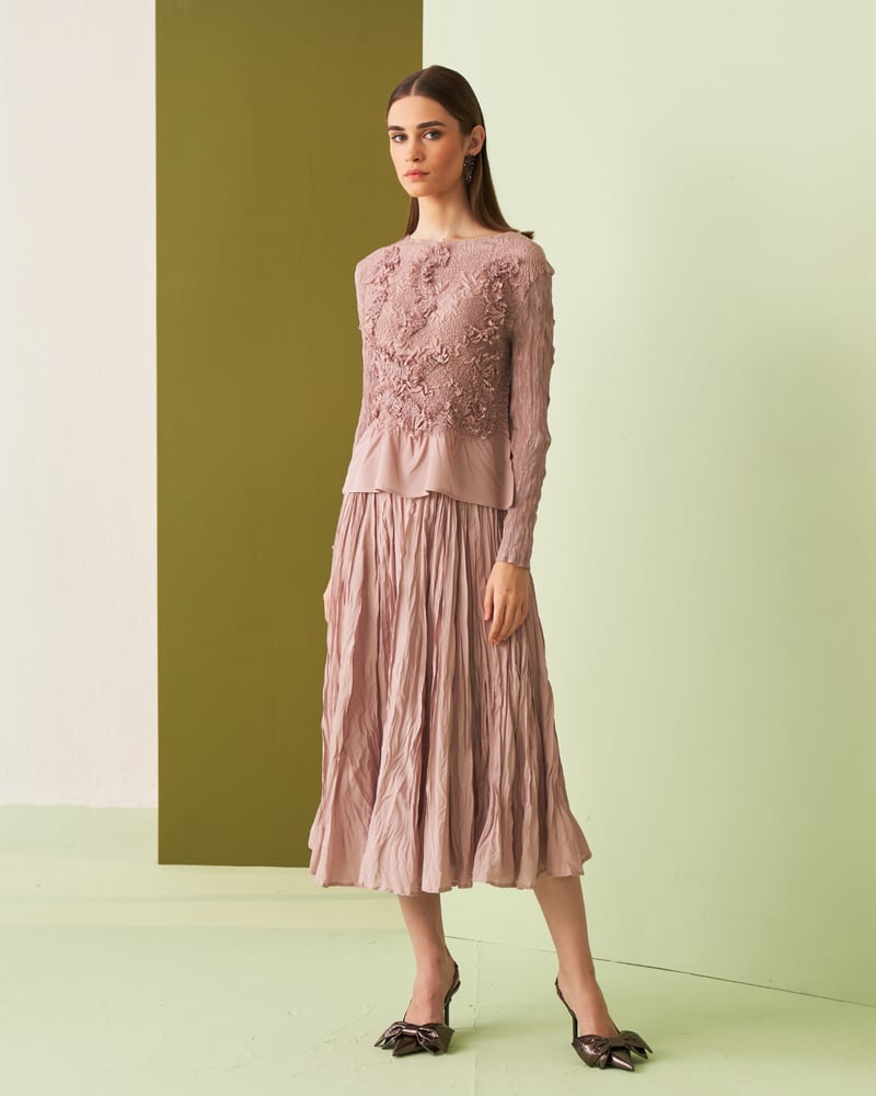 Nude 3D Floral Peplum Top and Midi Skirt Co-ord Set