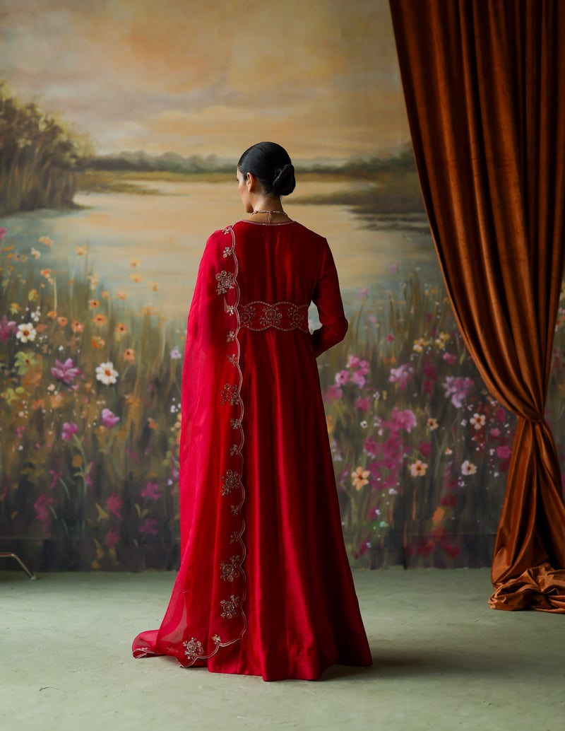Scarlet Silk Chanderi Embroidered Anarkali Set
