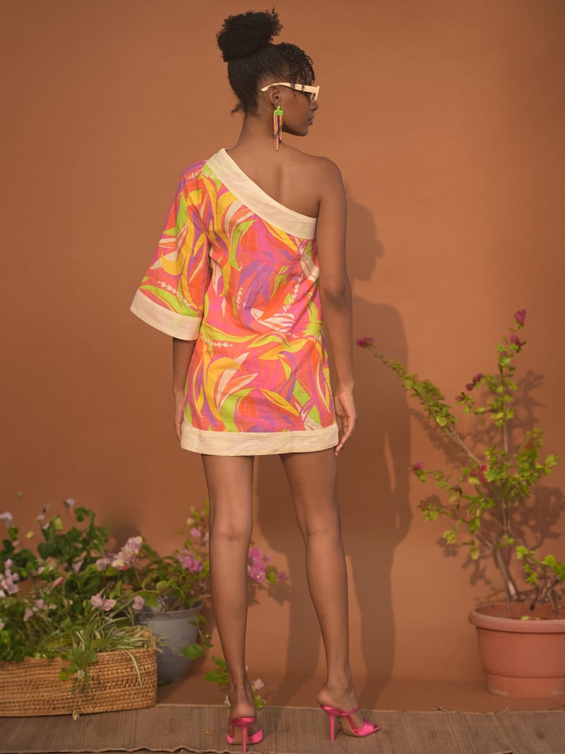 Multicolor Linen One-Shoulder Printed Mini Dress