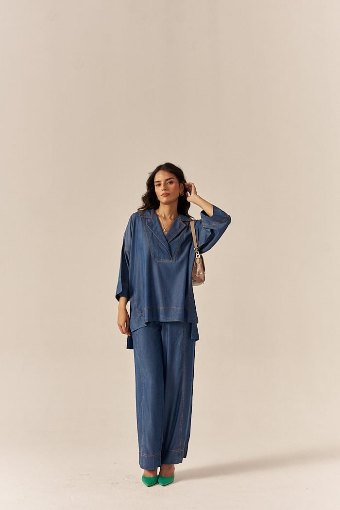 Blue Lapel Shirt and Flared Pants Co-ord Set