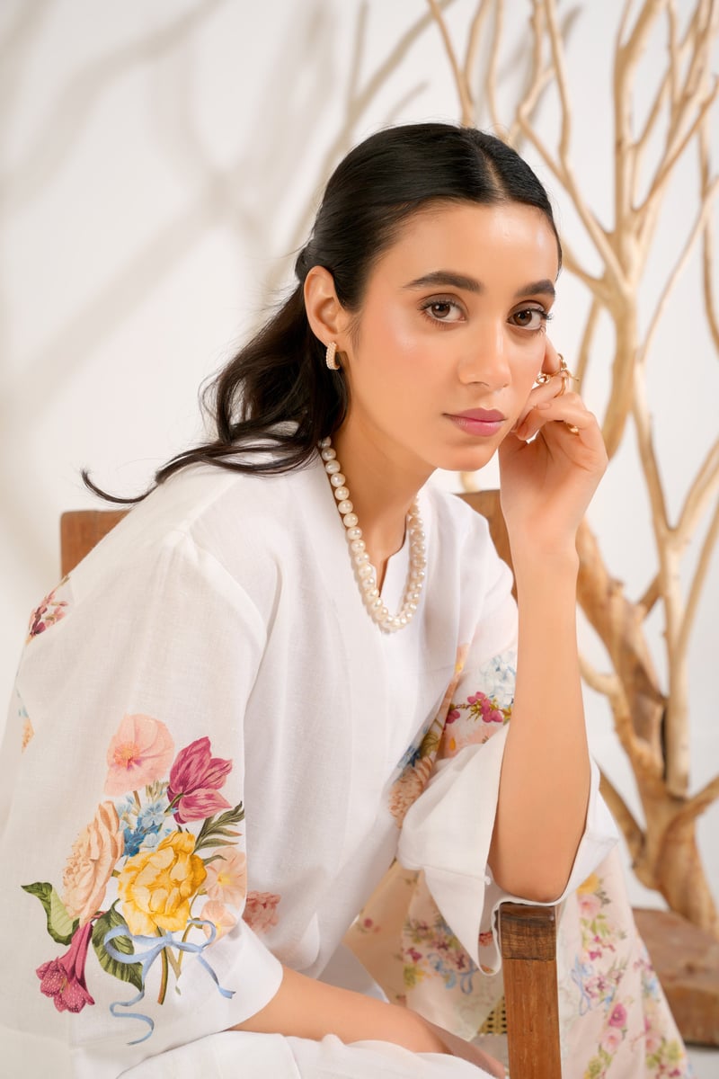 White Floral Printed Kurta Shirt and Trouser Set