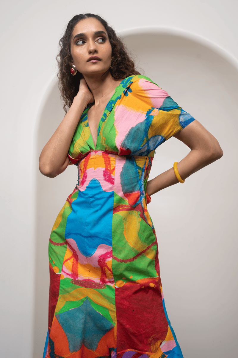 Multicolor Abstract Printed Poplin Fit and Flare Midi Dress