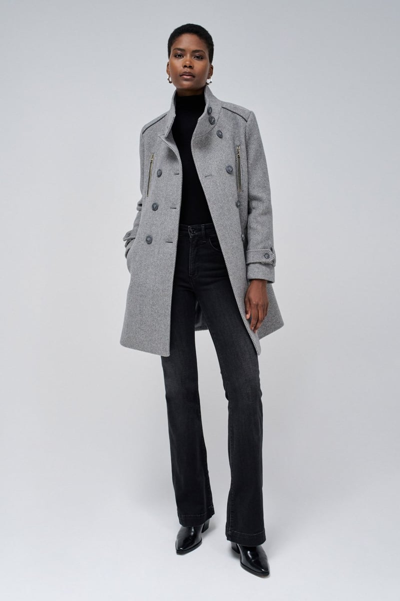 Grey Herringbone Double-Breasted Tailored Coat