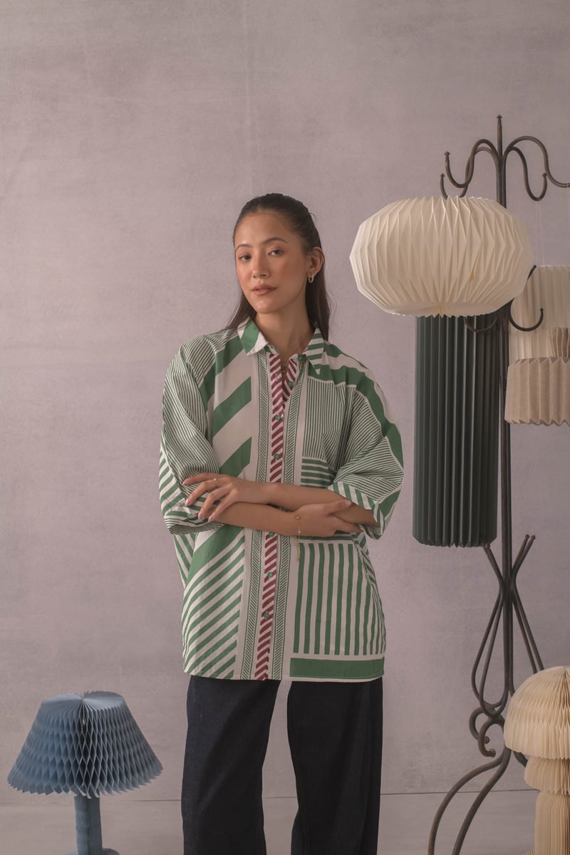 Green and White Striped Relaxed Cotton Shirt