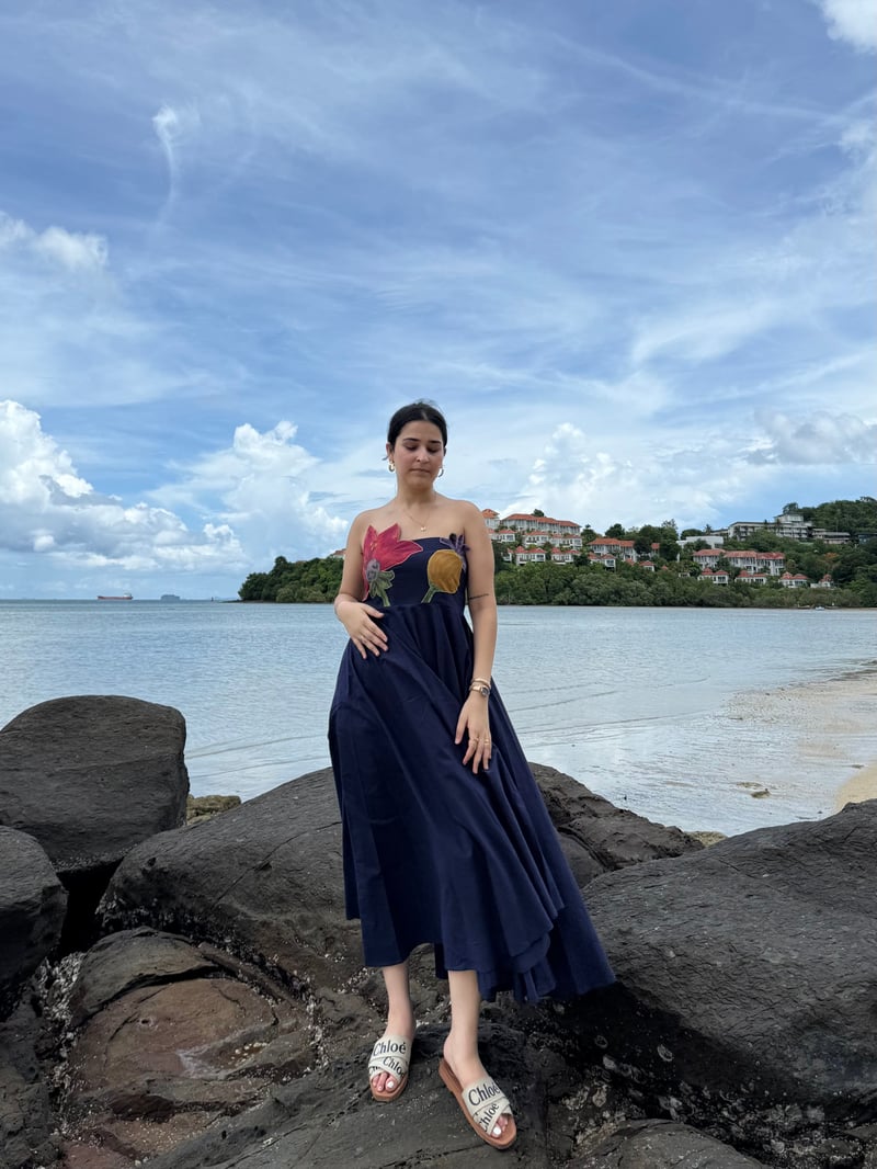 Navy Off-Shoulder Cotton Midi Dress with Floral Applique