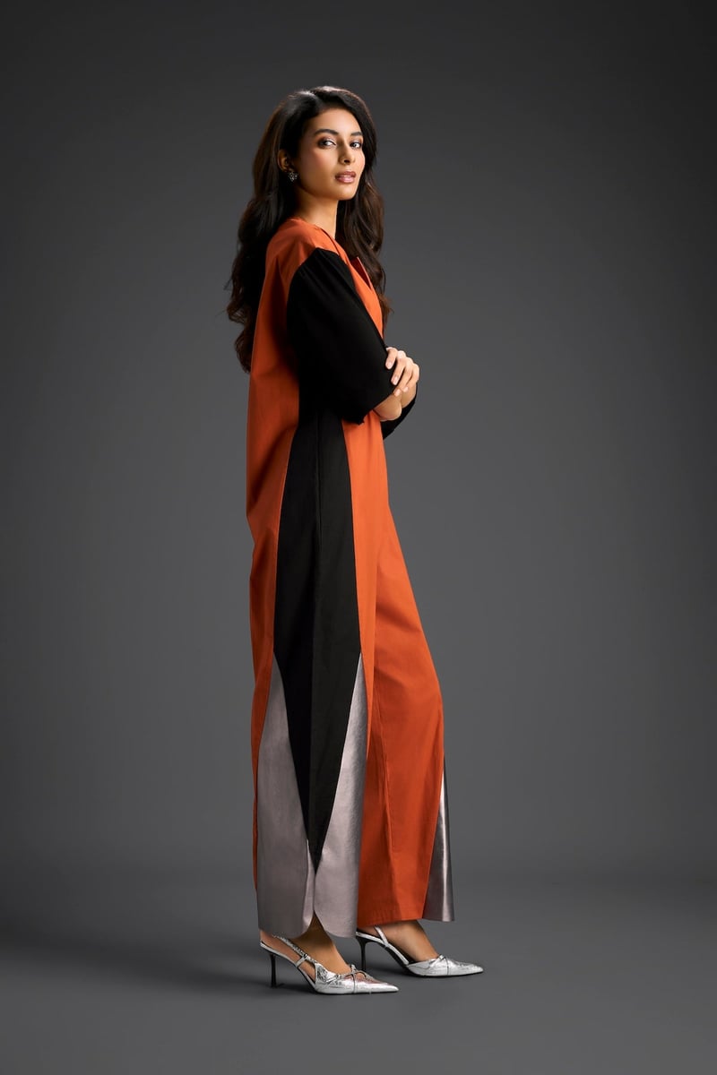 Rust Colorblock Jumpsuit with Metallic Panel Detail