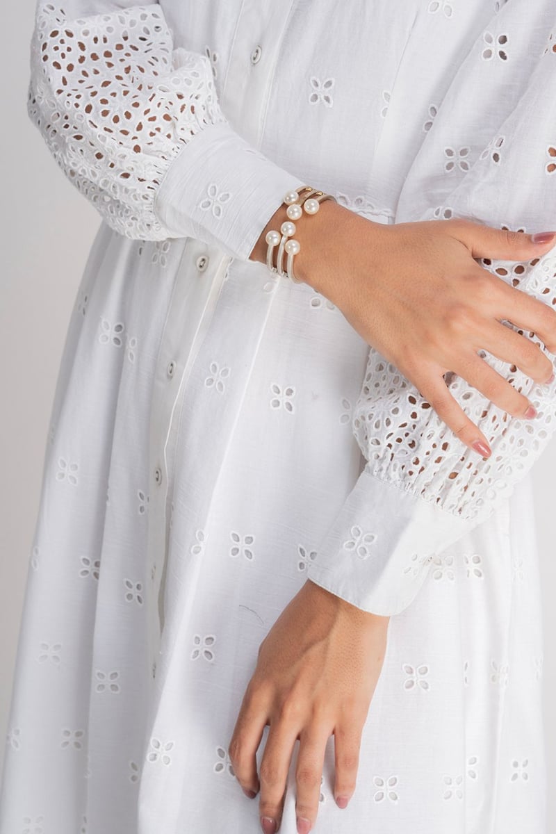 White Schiffli Cutwork Maxi Shirt Dress