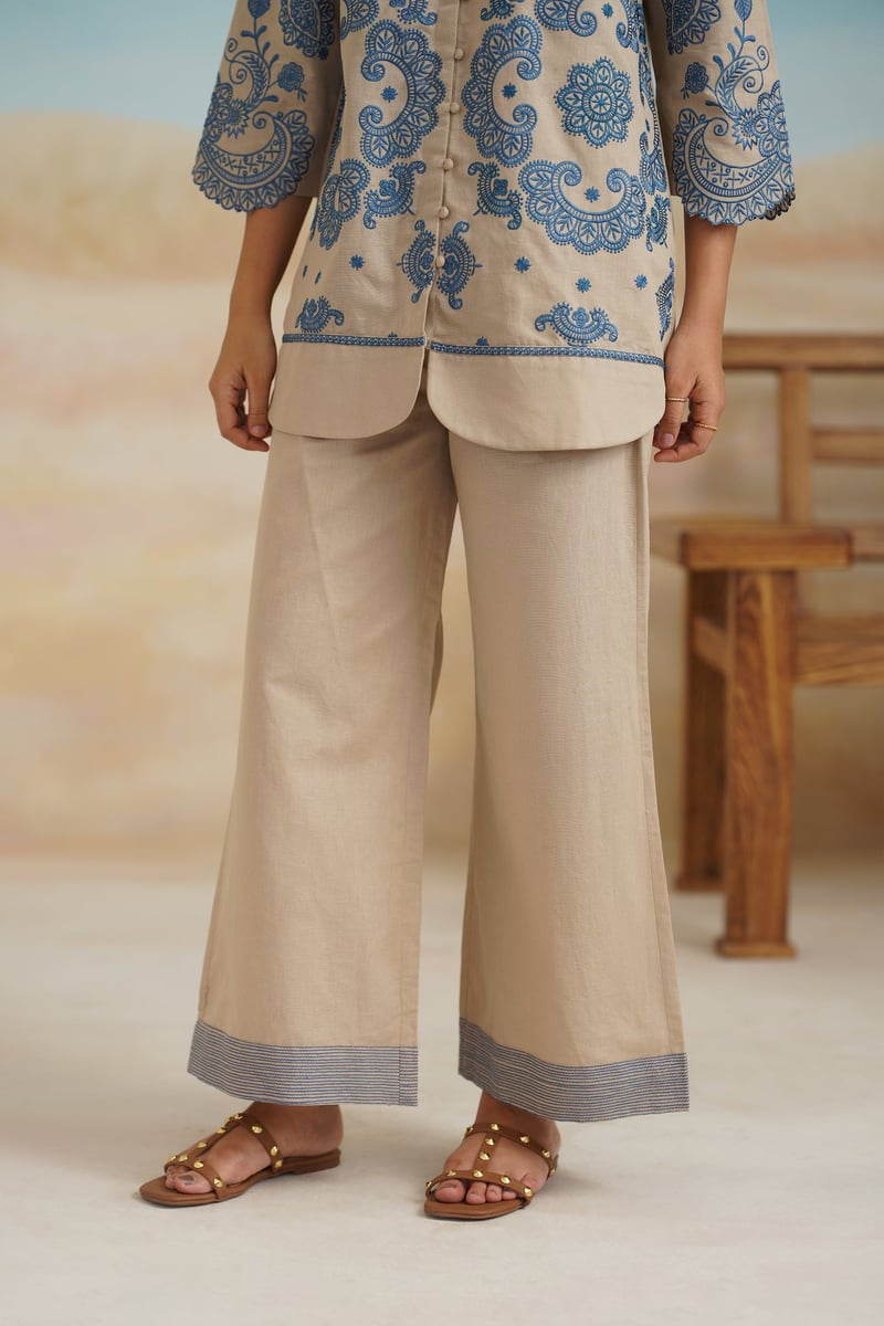 Beige Cotton Linen Embroidered Shirt and Pants Co-ord Set