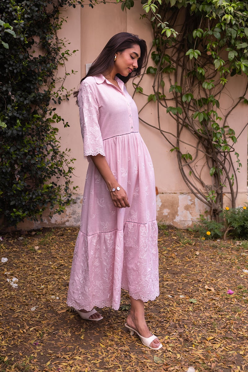 Pink Linen Cotton Embroidered Tiered Maxi Shirt Dress
