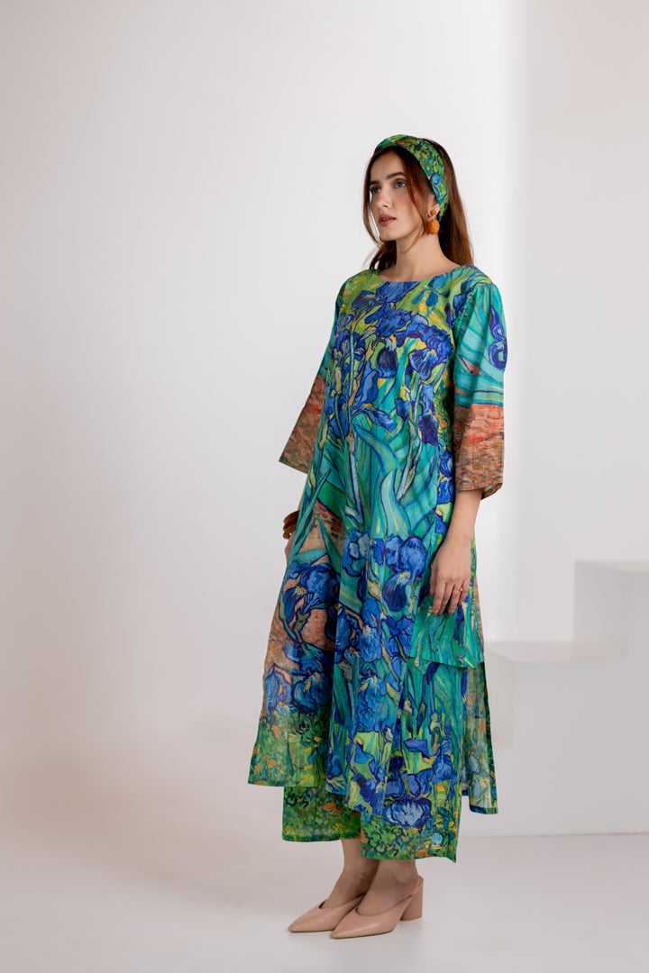 Aqua Blue Floral Printed A-Line Kurta and Pants Set