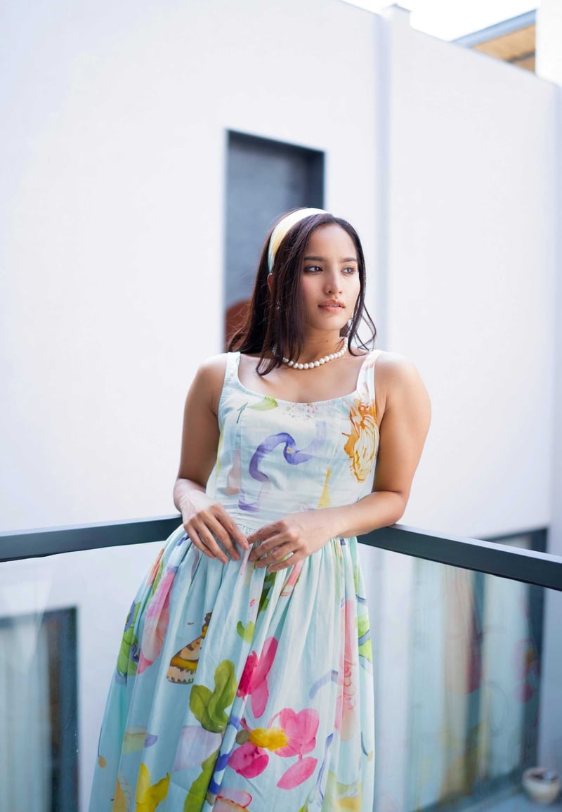 Blue Multicolor Floral Square Neck Midi Dress