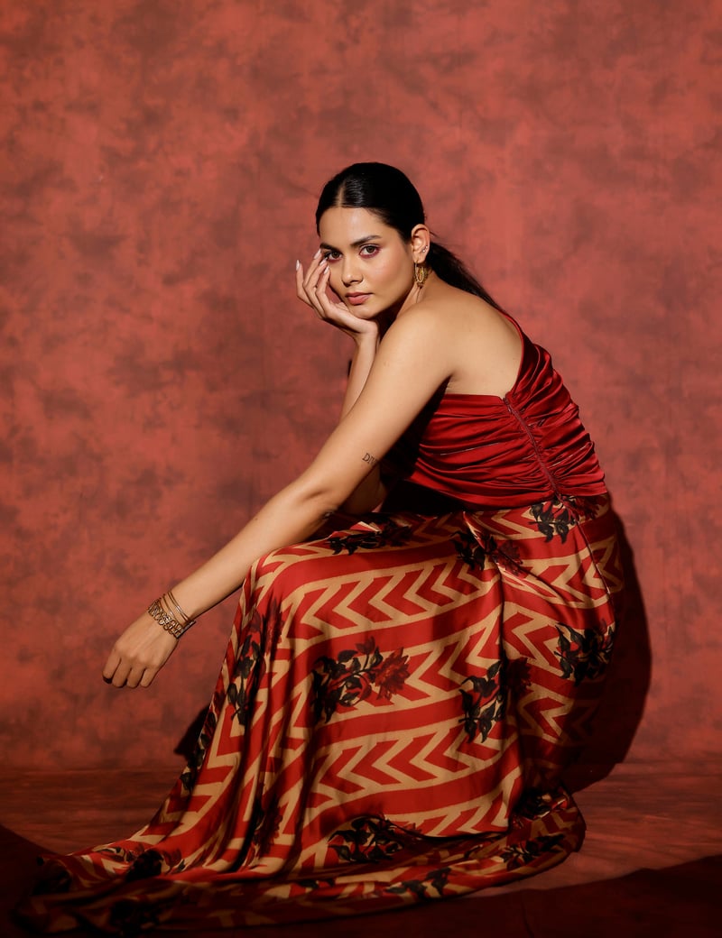 Red One-Shoulder Printed Maxi Gown with Slit