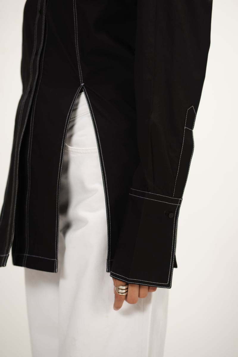 Black Poplin Longline Shirt with Contrast Topstitch