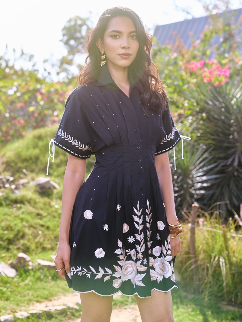 Black Embroidered Fit and Flare Mini Shirt Dress