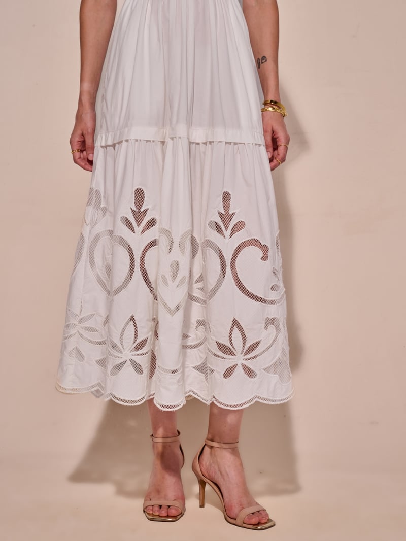 White Cotton Tiered Midi Dress with Cutwork